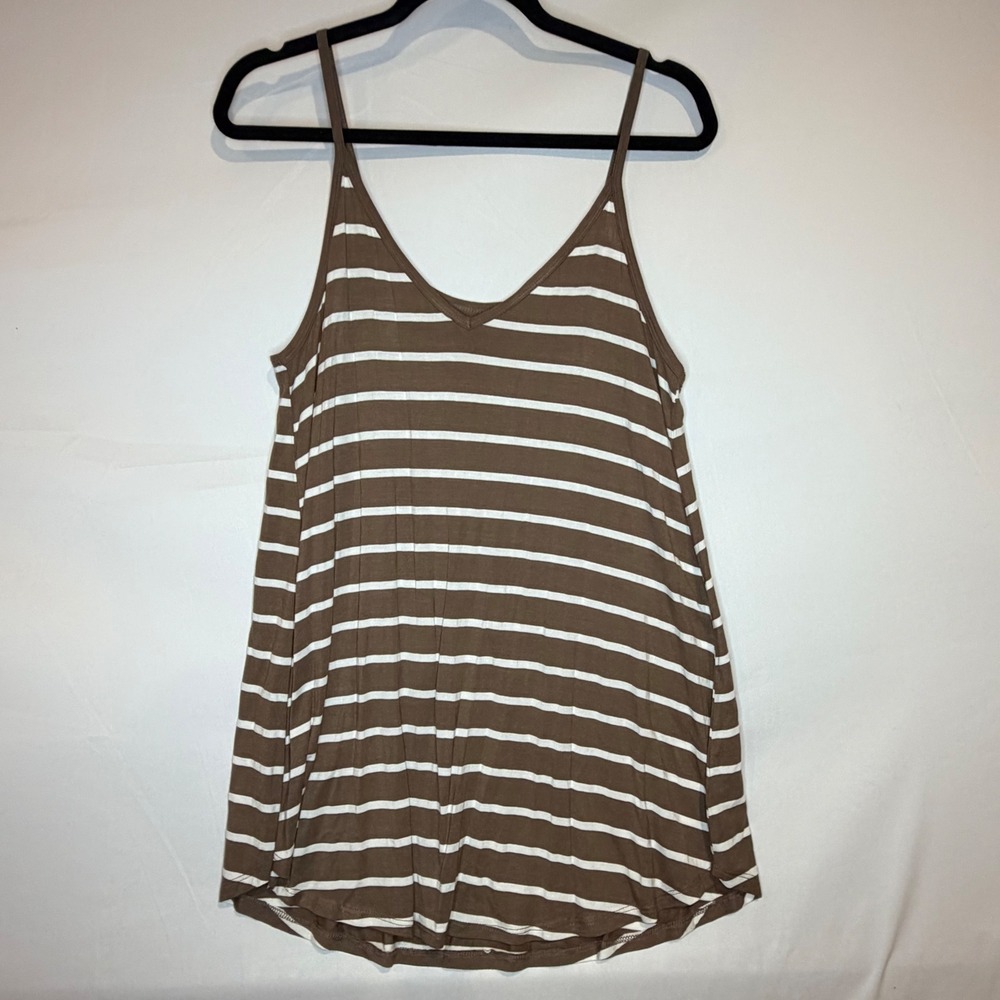 Zenana Women Large Brown White Striped V-Neck Spaghetti Strap Camisole Tank Top